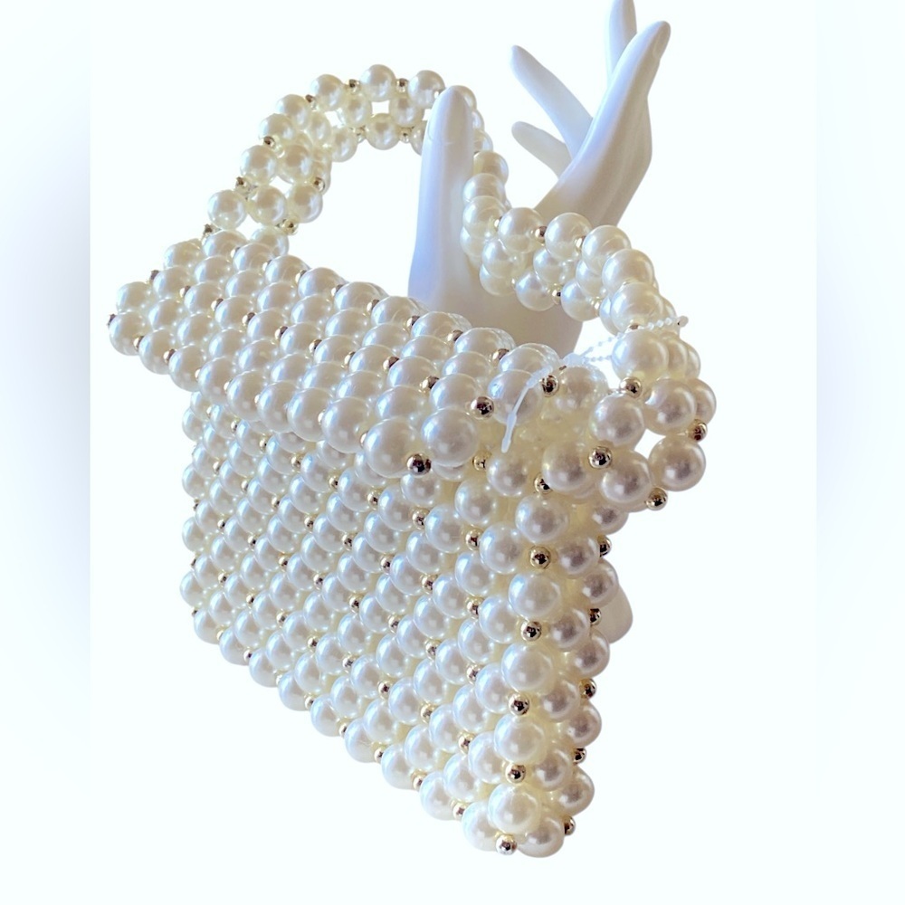 Elegant Ivory Pearl & Gold Beaded Handbag New 7” x 5” x 5” Pearl Handle - Picture 6 of 9